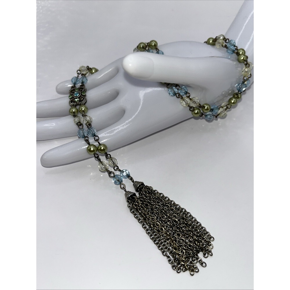 1928 Necklace Antiqued Faceted Beads Faux Pearls Tassels Lariat Style Estate 32" - Picture 3 of 3